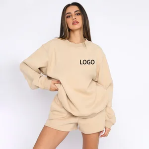 New Women Casual Pullover Long Sleeve Crew Neck Sweatshirt and Shorts Set Women's Two Piece Jogger Shorts Set