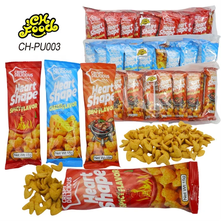 Wholesale Savory and Crispy Spicy BBQ and Cheese Flavor Heart Shape Puffed Food Halal for Kids
