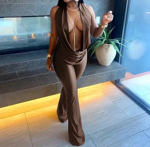 Viviblook D25JP554 Women's Sleeveless Jumpsuit Sexy Hollow Out Halter Swinging Collar Backless Club Jumpsuit