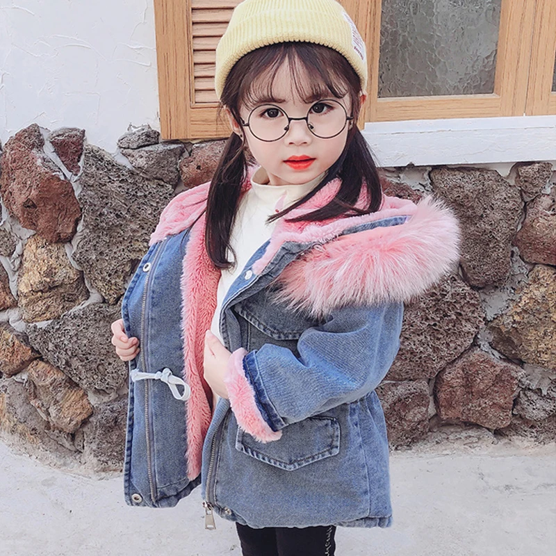 Fashion Winter Baby Jacket for Girls Thick Faux Fur Children Outwear  Clothing Baby Girl Warm Clothes Kids Girls Denim Coats 1-6Y