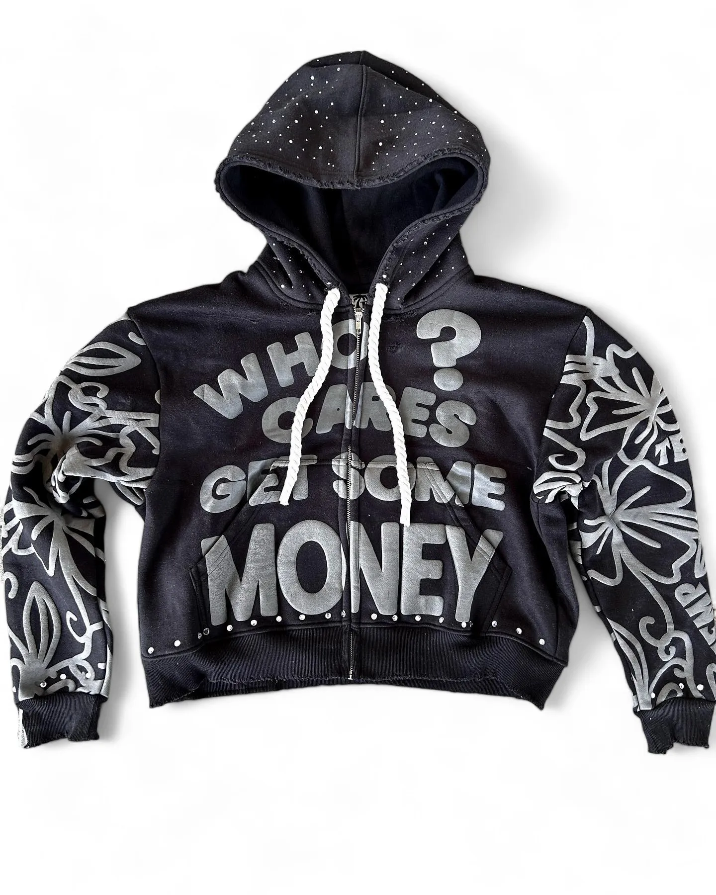 Custom Men Heavy Weight Boxy Distressed Cropped Rhinestone Pullover Oversized Acid Wash Puff Printing  Zip up Hoodie
