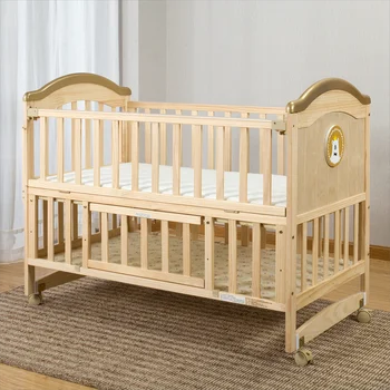 Wooden Crib Baby Cot Crib Solid Wood Baby Bed & Crib Cradle Bed Newborn & Toddler Bed Stitching Bed for 0-8 Years with Mosquito