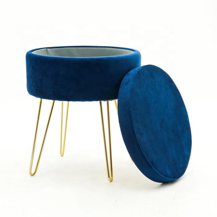 HStex Furniture Living Room Modern French Foldable Metal Stool Puff Navy Blue Ottoman Storage Velvet