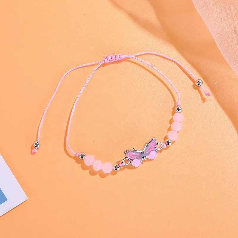 European and American Color Enamel Butterfly Handmade Rope Woven Adjustable Crystal Beads butterfly Bracelet Set