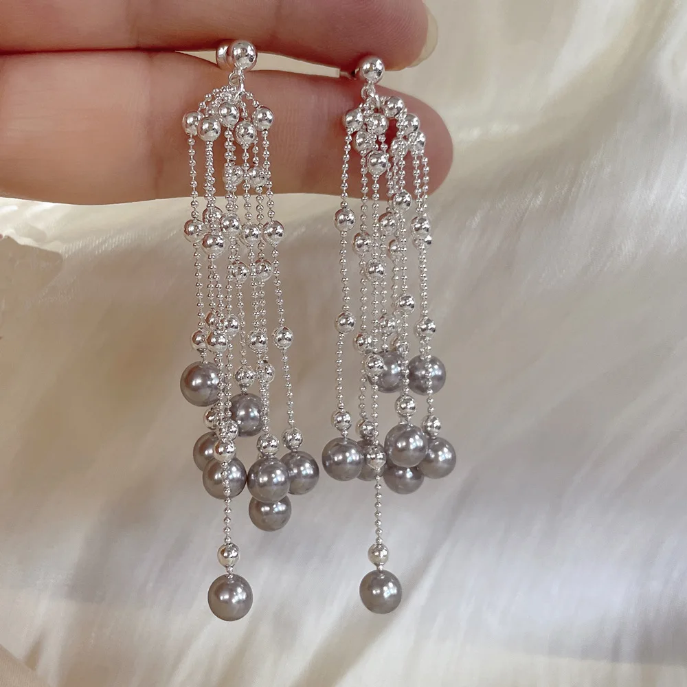 S925 Internet Celebrity Korean Style Elegant Face Slender Pearl Tassel Drop Earrings Beautiful Atmosphere High Trending Jewelry