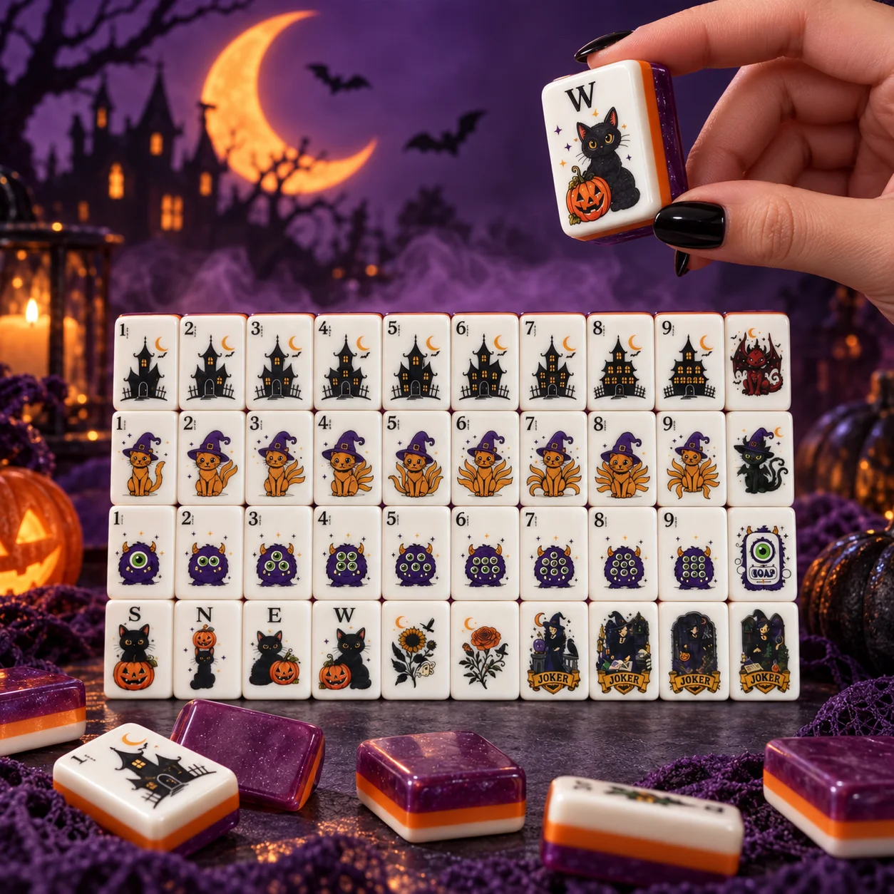 Portable Foldable Purple Glitter Acrylic Custom Pattern Mahjong Tiles with Custom Packaging for Halloween Party Gifts