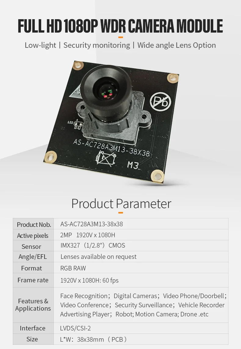 DGZX IMX327 1080P 60fps Cctv Camera Hd MIPI CSI Lvds 2MP Star Low Light Raspberry Pi Camera Module插图