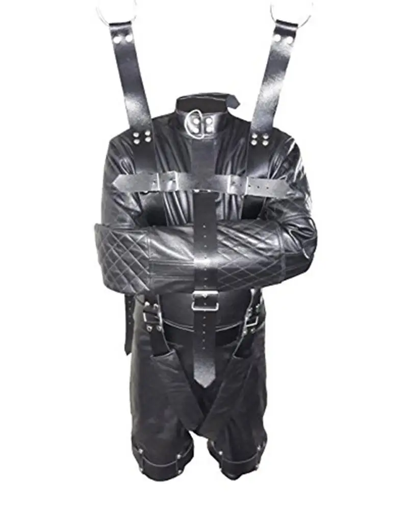 Mens Black Leather Straight Jacket Chastity Bondage Shorts Combo Rear Zip - SJ-COMBO