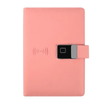 Newest arrive PU leather fingerprint lock notebook with powerbank chargeable note book power bank nice PU a5 notebook