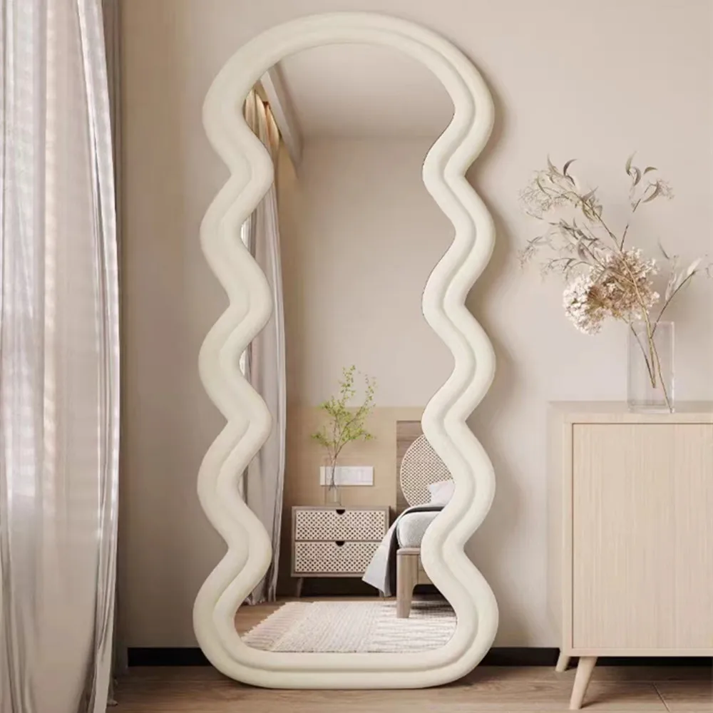 Fabric Frame Wavy Shape Mirror Full Length Big Length Floor Standing Wave Mirror for Bed Room