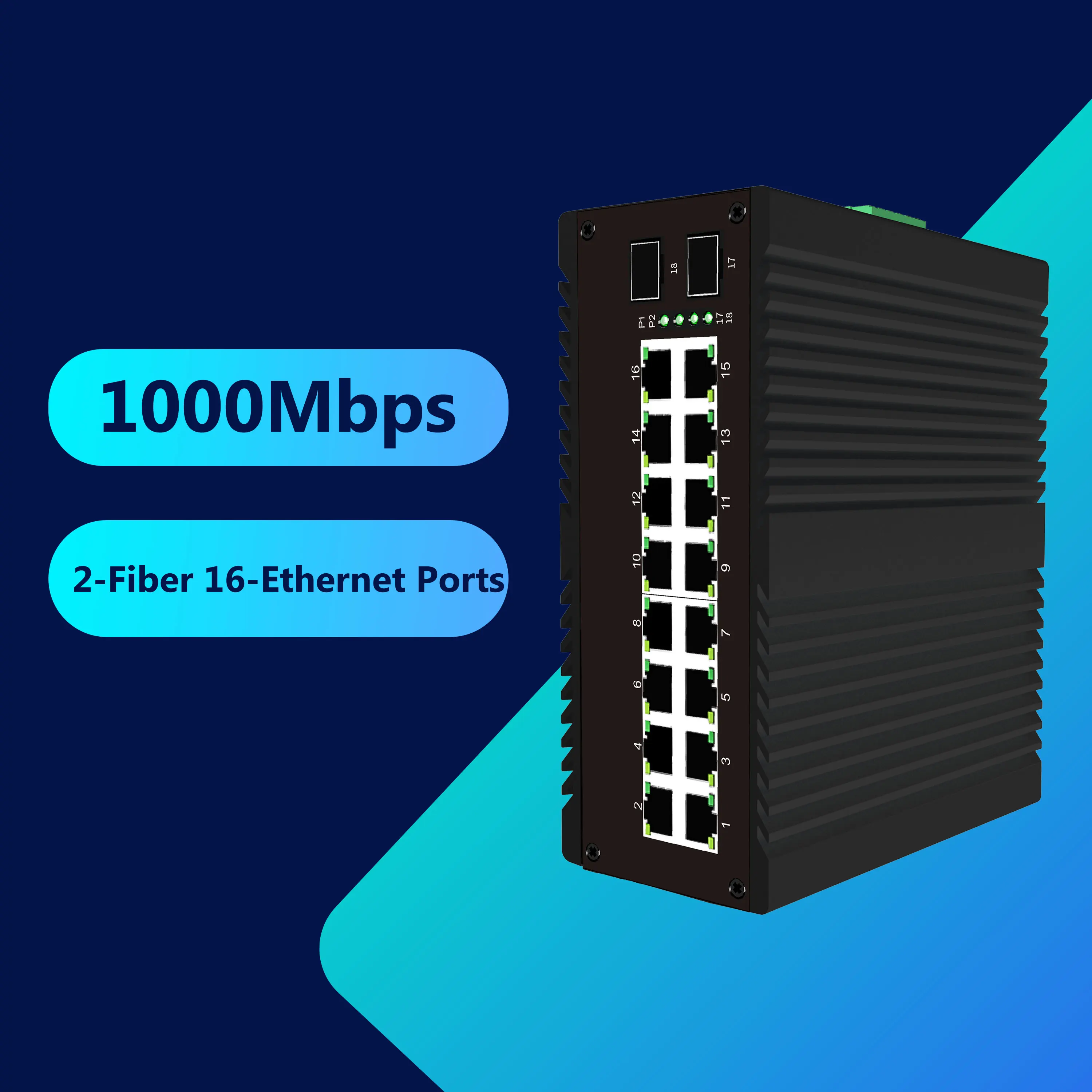 2 Fiber (SFP) 16 RJ45 Ports 36G Backplane Large Factory Data Room Networking Industrial Unmanaged Gigabit Switch
