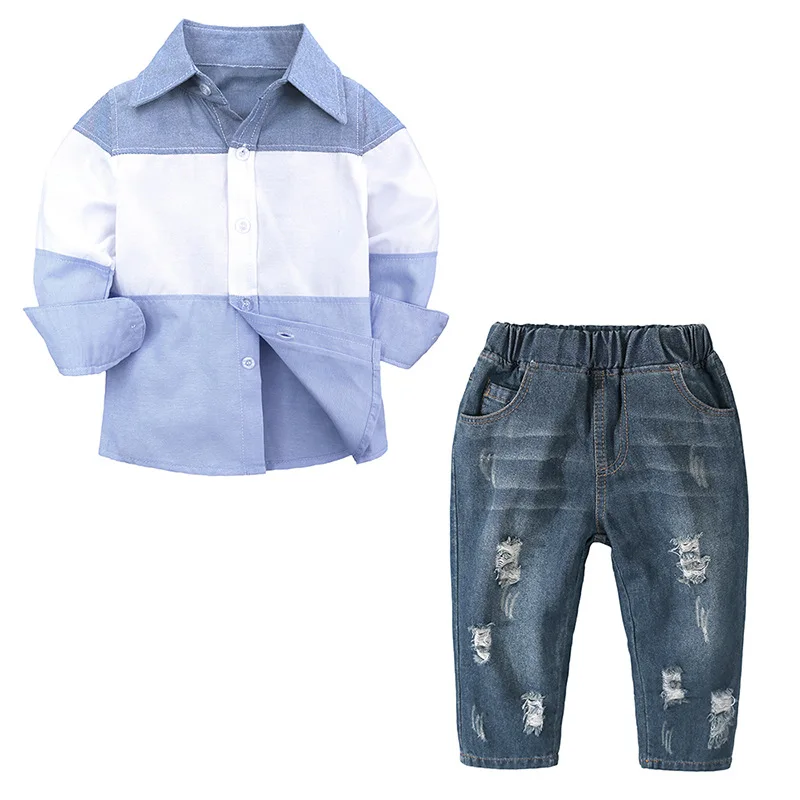 2pcs Baby Boys Kids Gentleman Outfits Denim Jeans Shirt Long Pants Clothes Set 