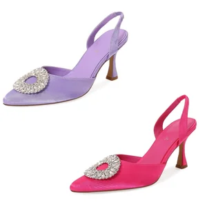 ODM OEM Women Slingback High Heel Sandals Pointed Toe Shallow Mouth Crystal Buckle Spring New Elegant Party and Office Shoes