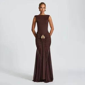 2025 New Summer Women's Clothing Round Neck Backless Dress Fashionable Sleeveless Pleated Slit Slim Dress