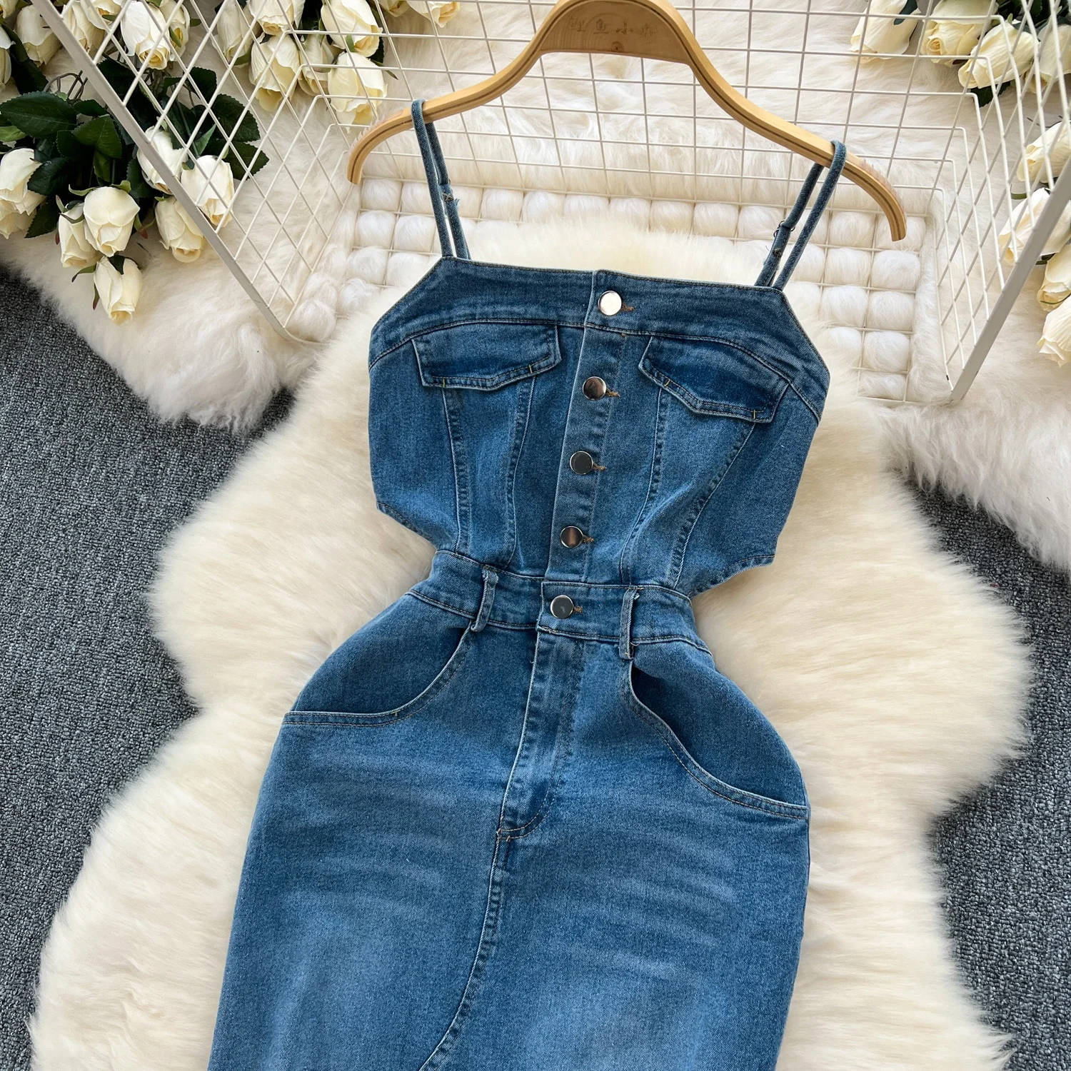 Retro Design Raw Edge Split Slim Long Halter Denim Dress Women Summer