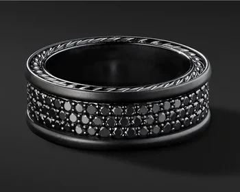 Custom jewelry PVD plated Hip Hop Men's ring Three Row Black Titanium Steel Pave Black Diamond Strap Jewelry Ring