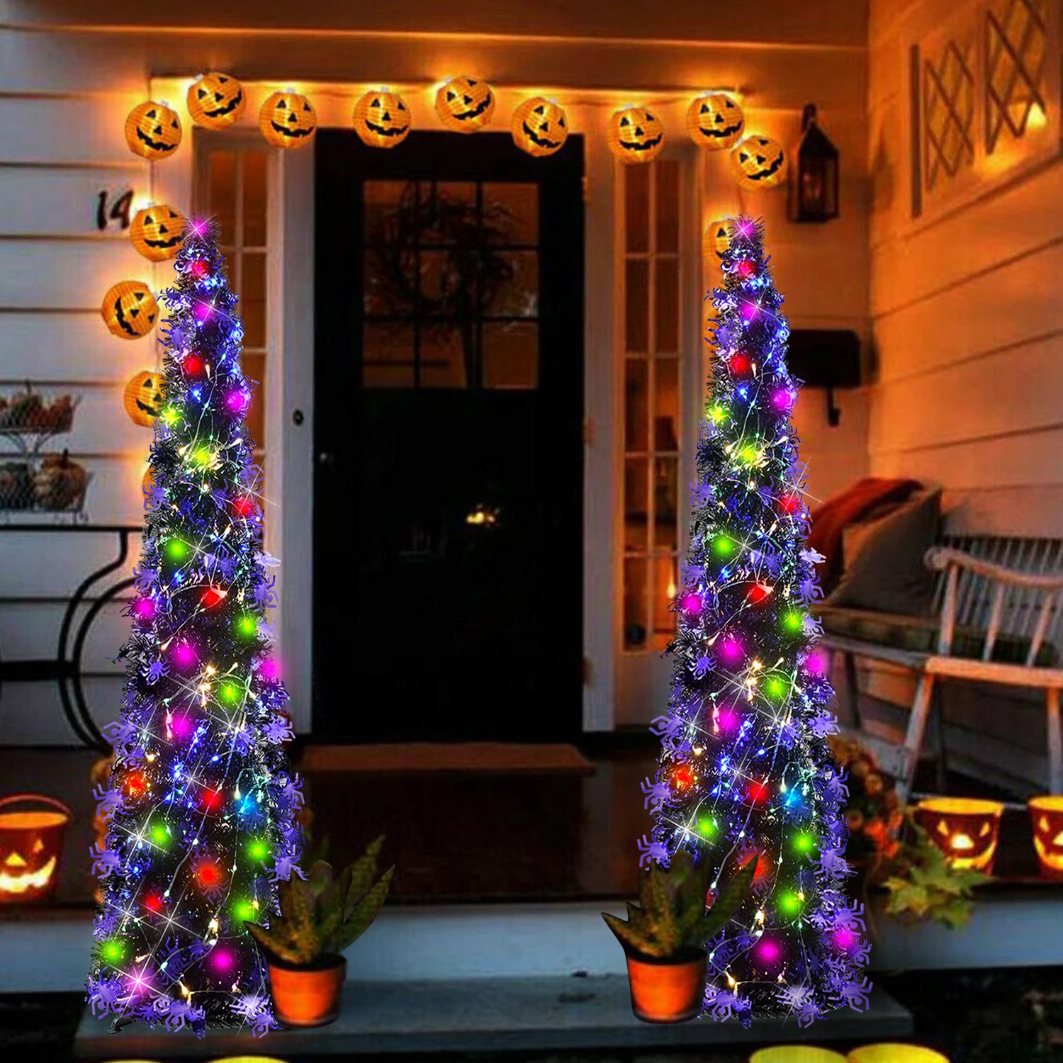 5ft Purple Artificial Pumpkin Sequin Collapsible Pencil Tinsel Halloween Christmas Tree for Decorations Indoor Holiday Party