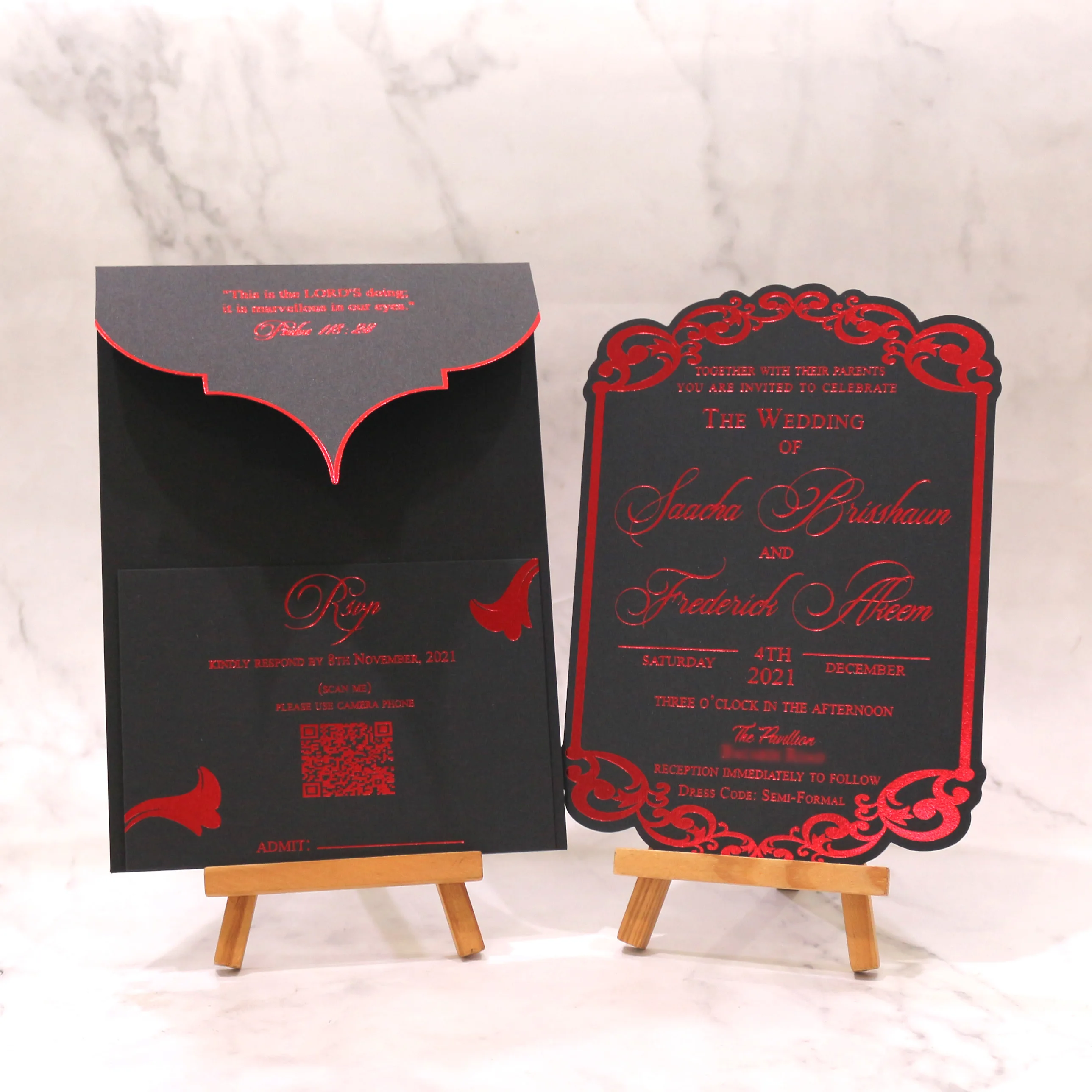 Custom Luxurious Wedding Invitations Black Main Cards Red Printing Reply  Cards With Hot Stamping Envelope, image size:2576x2576