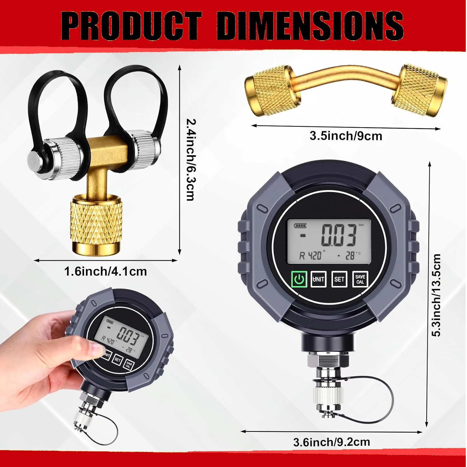Digital Vacuum Gauge, HVAC Micron Vacuum Gauge Tester, 1/4" Flare, 0-30000 Microns Range, 2% Accuracy, 7/16-20UNF Interface, 4 Units Switch