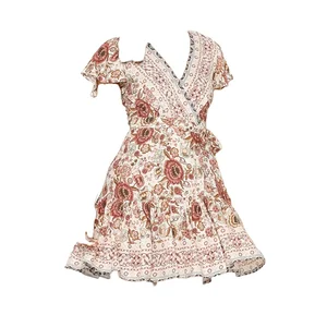 Bohemian Beach Knee-Length Rayon Viscose Ladies Fashion Flower Printed V-neck  A-Line Summer Casual Dress