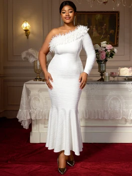 AM050855 Elegant Ruffle One Shoulder Party Gowns Slim Fit Formal Mermaid White Sexy Evening Maxi Dresses Women