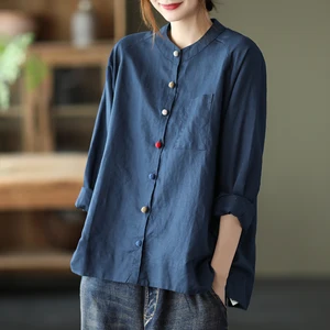 Wholesale Spring and Autumn Retro Cotton and Linen New 2026 Pluz Size Wild Casual Fashion Long-sleeve Women's Blouses and Shirts