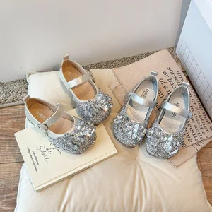 Wholesale Glitter Soft Sole Rhinestone PU Princess Footwear Shoes Baby Kids Dress Shoes for Birthday Party