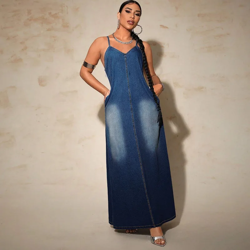 Plus Size Women's New Washed Streetwear Denim Suspender A-Line Long Dress details
