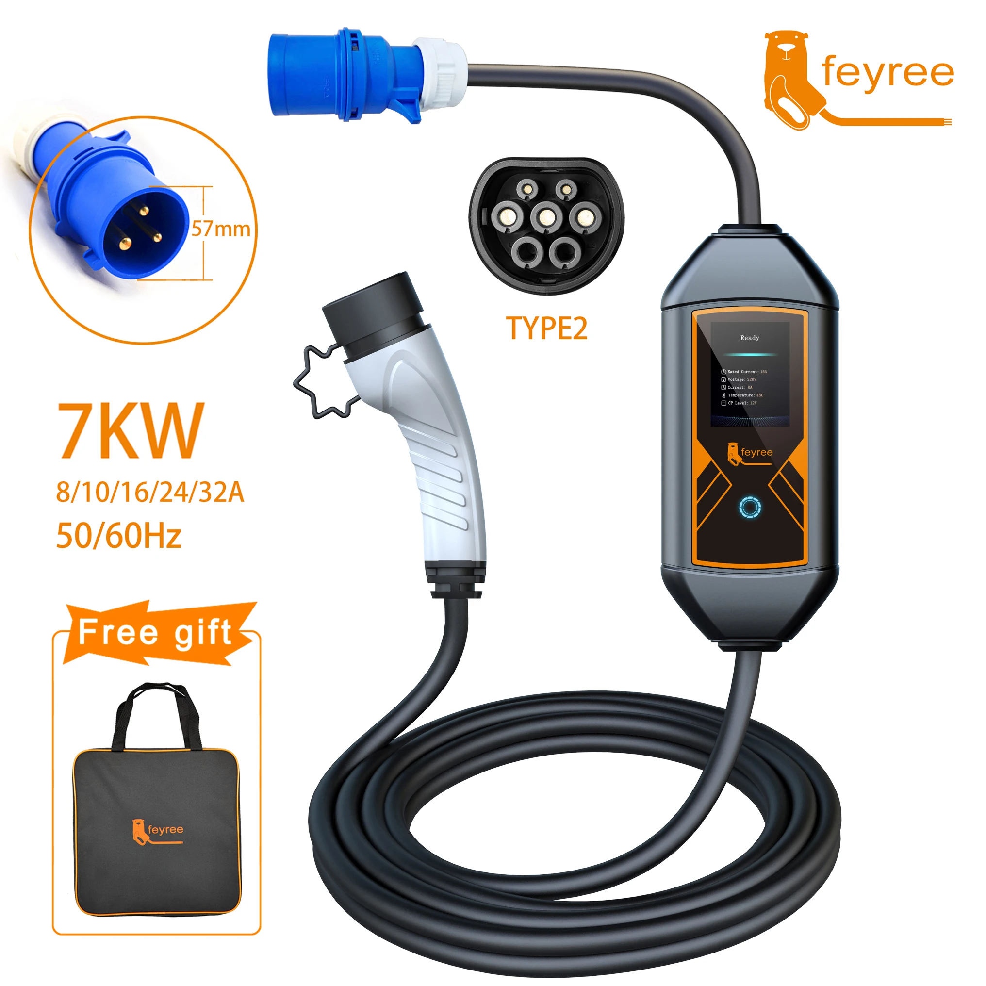 Fey123-Chargeur EV Portable pour Véhicule Électrique, 32A, 7KW, 1Phase,  Version Andrea Bluetooth, 11KW, 16A, Câble Triphasé, 5m, Prise CEE -  AliExpress