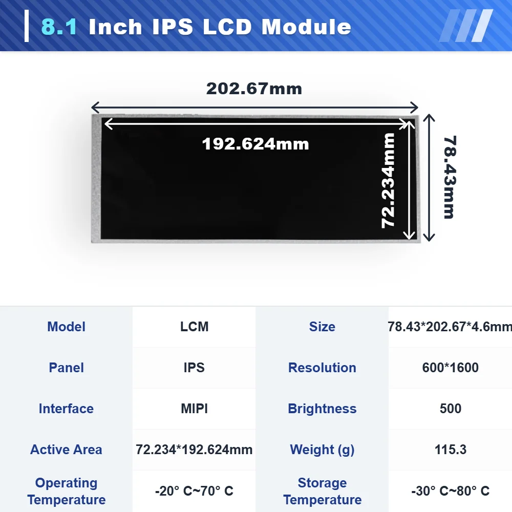 WEITAI 8.1 Inch TFT LCD IPS Display Module 600x1600 Resolution 500 Cd/m Brightness MIPI Interface LED Backlight -20C~70C details