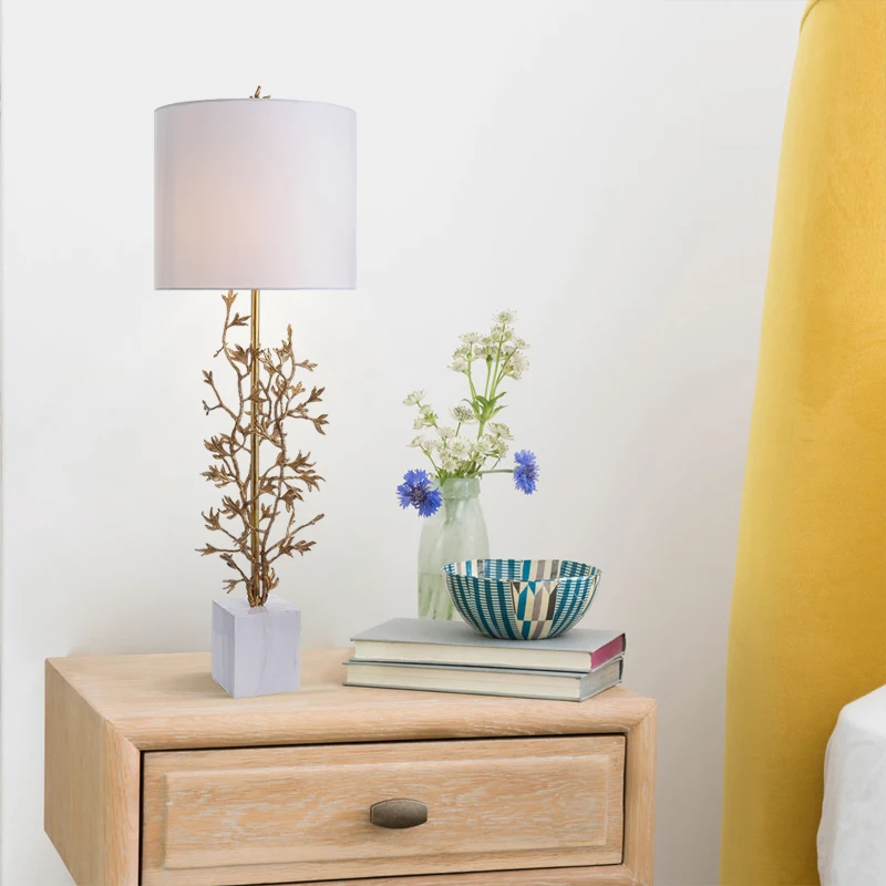 Designer Solid Brass Tree Branch Leaf White Marble Base Beige Drum Shade Restaurant Table Lamp