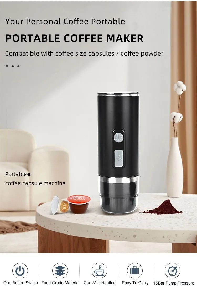 Electric Automatic Travel Espresso Machine Portable Self Heating Coffee Latte Maker Compatible Coffee Powder Capsules Car Hotel