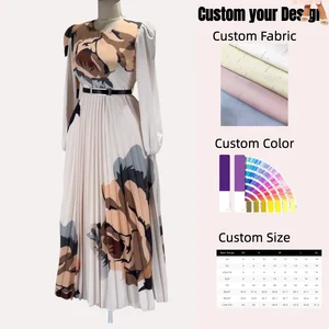Customizable Women's Elegant Floral Printed Pleated Long Sleeve Maxi Dress Bohemian Casual Style for Spring Autumn Natural