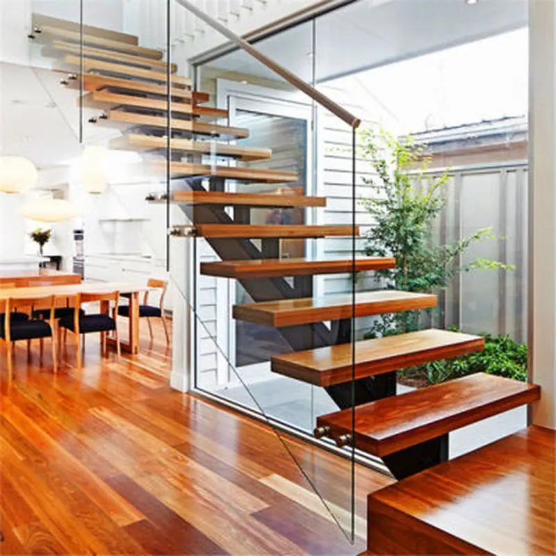 Walnut Slab Wood Stairs Floating and Straight Stairs with American Red Oak Tread for House