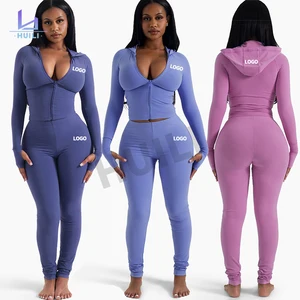 Huili Manufacturer Custom High Quality Two 2 Piece Fitness Gym Workout Tracksuits OEM Heavyweight Zip up Bodysuits for Women