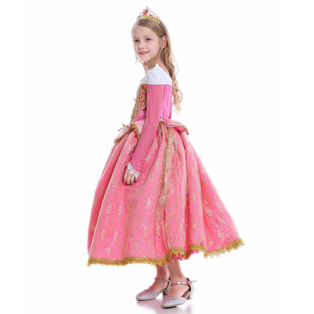 Girls' Birthday Princess Aurora Costume Dress in Pink with Long Sleeves