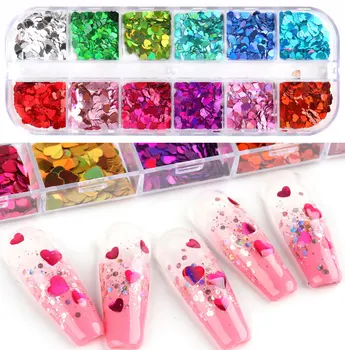 12 Set Sequins Holographic Glitter Flakes Stickers For Nails Design Heart Shapes Nail Art Glitter