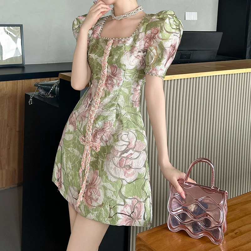 ZYHT 91105 Square Neck Summer Short Sleeve Jacquard Beaded Forest Green Color Dresses Women Lady Elegant