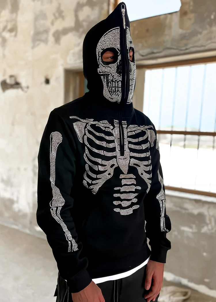 Source High Quality Oversize French Terry Men Hoodies Manufacturer Custom Skeleton  Rhinestone Graphic 100% Cotton Full Zip Up Hoodie on m.alibaba.com