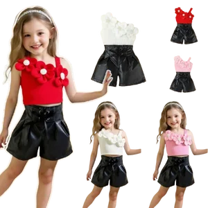 2026 Summer Girls Clothing Set Fashion 3D Flower Off-shoulder Top PU Leather Shorts 2pcs Children Wholesale Kids Clothes