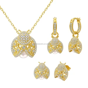 Custom OEM/ODM 14K/18K Gold Plated Sterling Silver Ladybird Design Necklace Earrings Set Trendy Design Children Women Gift
