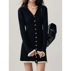 V-neck A-line Skirt Mini Knit Dress Button Women's Short Dress Lace-trimmed Sweater Vestidos
