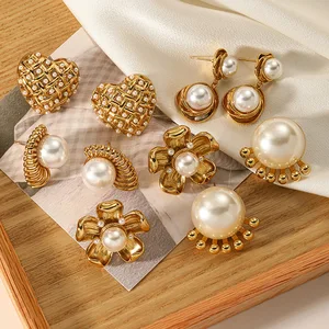 MW Flower Stud Earrings 18K Gold Plated Pearl Stud Earrings Heart-shaped Earrings That Won't Fade Women's Gift Jewelry