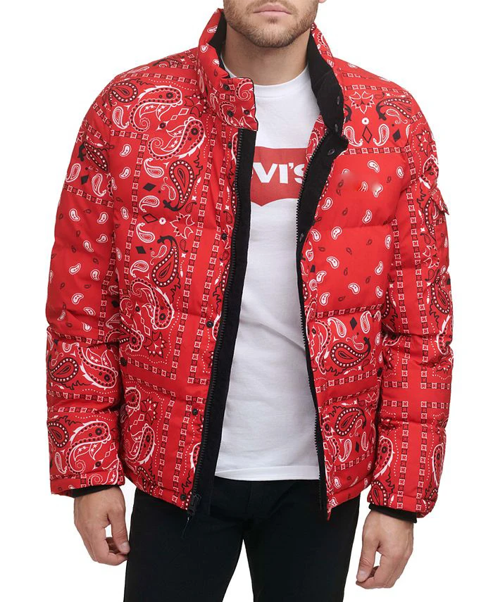 Men s Stand Collar Quilted Patterned Puffer Jacket Custom Red Bandana Paisley Coat