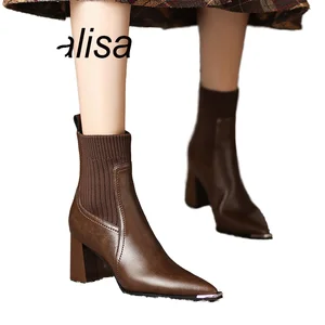 LOB Women's Breathable Light Weight Anti-Slippery Solid Ankle Bootie Genuine Leather High Heel Winter Autumn Boots Slip-On