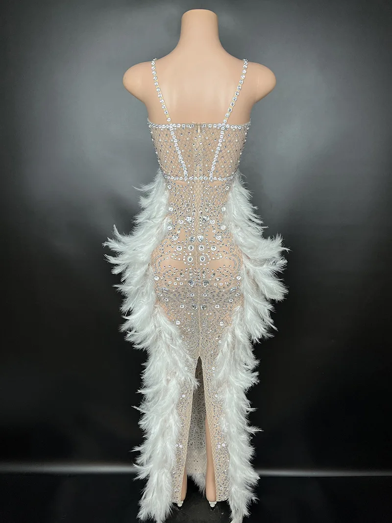 Hot Selling Evening Club Fashion Suspenders Sexy Dress Mesh See-through White Feather Birthday Party Club Dress