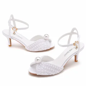 BUSY GIRL SXY01 Crystal Queen Women's White Satin Pearl-Embellished High Heel Sandals with Buckle for Wedding Evening Party