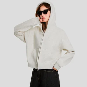 Wholesale Customizable Women's Boxy Cotton Polyester Hoodies Short Wide Thick Fleece Double Zipper for Spring Hooded