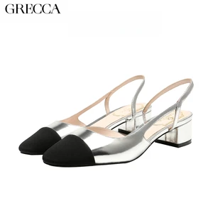 GRECCA Women's Slingback Pumps Slip-On Silver Black Color Block Chunky Heel Retro Fashionable Office/Party Comfortable Daily