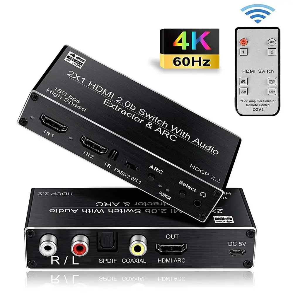 2x1 for HDMI 2.0b ARC 4K 60Hz Switcher 3.5mm R/L Coaxial SPDIF Audio Extractor 2 Input 1 Output Conmutador Audio Video